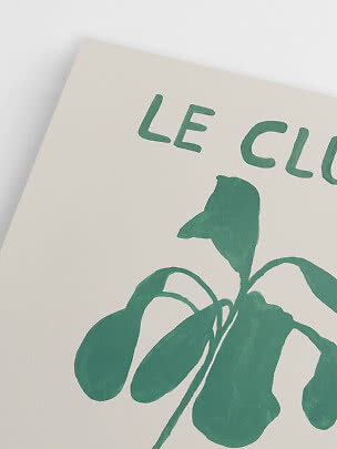 Poster met groene plantillustratie en de tekst "LE CLU" op lichte achtergrond