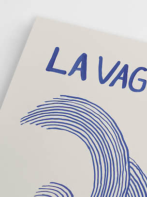 Close-up of poster with blue text and curved line artwork on a white background