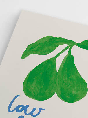 Poster mit grüner Illustration von zwei Birnen und blauer Handschrift auf weißem Hintergrund