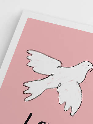 Illustration av vit duva på rosa poster med vit kant