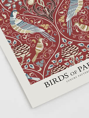 Poster with stylized birds, flowers and swirling vines on a dark red background