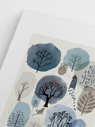 Illustration of winter trees, a walking person, and a small dog in blue and beige tones