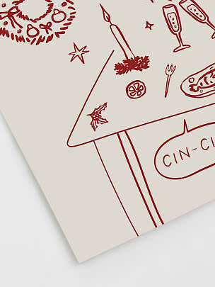 Primo piano di un cartoncino beige con illustrazioni natalizie rosse di ghirlanda, candela e calici.