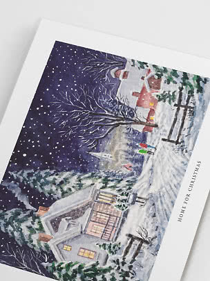 Tarjeta de Navidad con escena pintada de aldea nevada, casa y nieve cayendo de noche
