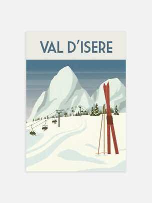 Vintage rejseplakat med Val d’Isère, sneklædte bjerge, stolelift og røde ski.