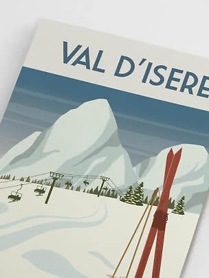 Vintage skiplakat med bjerglandskab, skilift og røde ski