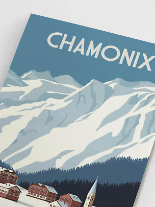 Vintage rejseplakat med teksten CHAMONIX, sneklædte bjerge og alpeby i forgrunden