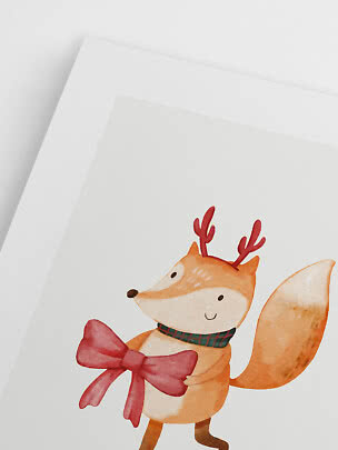 Aquarellfuchs mit Geweih, kariertem Schal und roter Schleife auf weißem Papier
