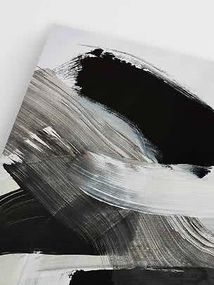 Abstract black and white painting with broad brushstrokes on a white background