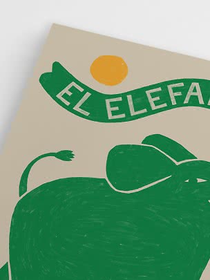 Illustration af grøn elefant med teksten "EL ELEFA" og gul sol på beige baggrund