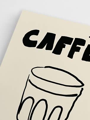 Nærbillede af cremefarvet plakat med sort tekst og enkel kaffekop-illustration
