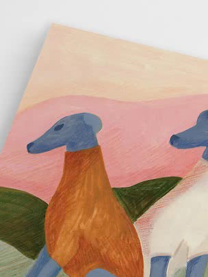 Dipinto astratto di cani con testa blu e corpo marrone in un paesaggio rosa e verde