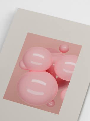 Stampa d’arte astratta con sfere rosa chiaro lucide su sfondo rosa
