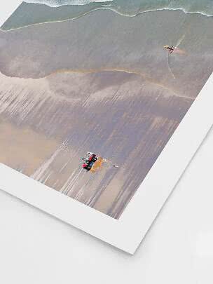 Poster with aerial beach scene showing waves, a red tractor and a small red airplane