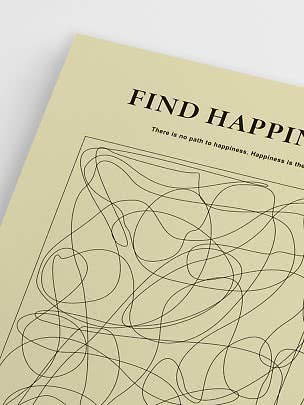 Poster giallo con scritta "Find Happiness" e disegno astratto a linee nere