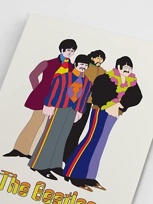 Farverig plakat med illustrerede medlemmer af The Beatles i psykedelisk tøj