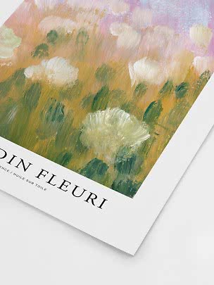 Plakat med impressionistisk blomstermaleri i grønne, hvide, rosa og gyldne toner
