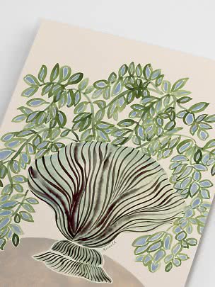 Botanical print with green and blue leafy branches around a large shell-like form