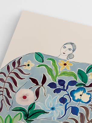 Illustration of a woman among blue flowers and green leaves on a light background