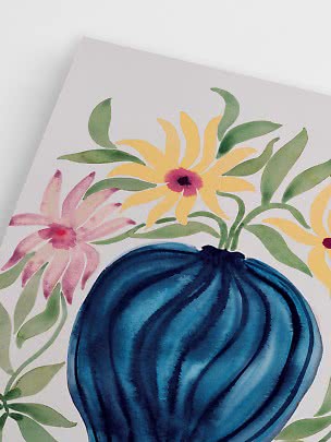 Watercolor poster with blue vase and yellow and pale pink flowers
