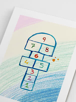 Art print of a hopscotch grid with numbers 1 to 9 on a pastel background