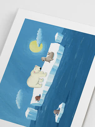 Illustration mit Eisbär und Robben auf Eisschollen im blauen Meer unter gelber Sonne