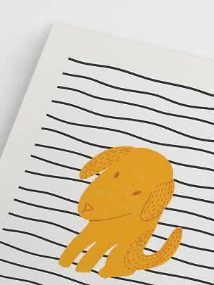 Illustration af gul hund på hvid baggrund med sorte bølgede striber