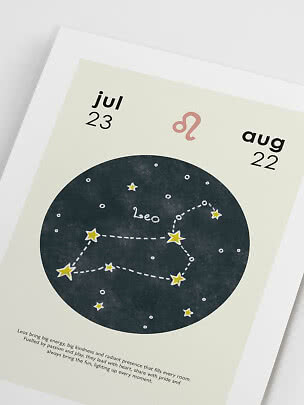 Affiche du signe Lion avec dates du 23 juillet au 22 août et constellation du Lion
