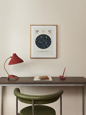 Indrammet Libra stjernetegn-plakat over skrivebord med rød lampe og grøn stol