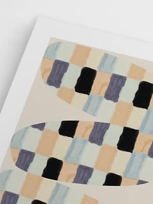 Abstrakter Kunstdruck mit geschwungenen karierten Bändern in Blau, Beige, Lila und Schwarz