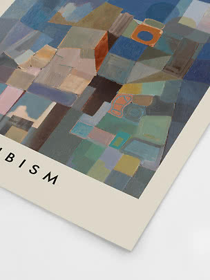 Konstposter med abstrakt motiv i blå, gröna och jordnära geometriska fält