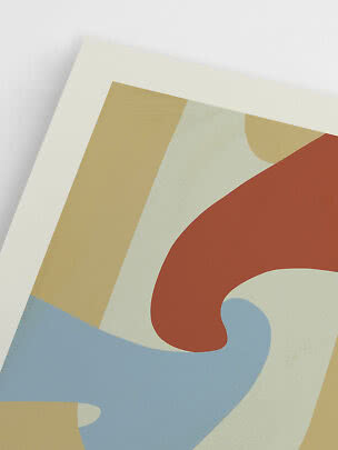 Poster astratto con forme morbide in blu, ruggine, beige e crema su sfondo chiaro