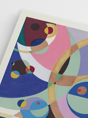 Abstrakt kunsttryk med farverige geometriske former og cirkler i pink, blå, grøn og guld