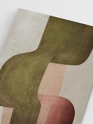 Abstract poster with olive green waves and pink shapes on a light background
