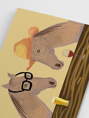 Illustrazione di due cavalli a tavola, uno con cappello e uno con occhiali, con vino e birra