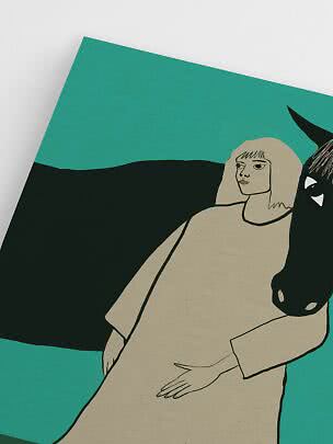 Illustration d’une femme assise en robe beige avec un cheval noir sur fond turquoise