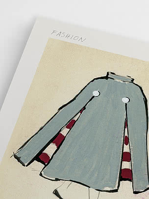 Ilustracja jasnoniebieskiego płaszcza w paskowaną podszewkę z napisem Fashion u góry