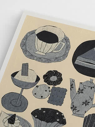 Illustration d’une tasse et soucoupe avec pâtisseries et cafetière en noir, gris et crème