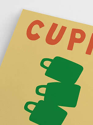 Gelbes Poster mit roten Buchstaben und grünen Tassenillustrationen