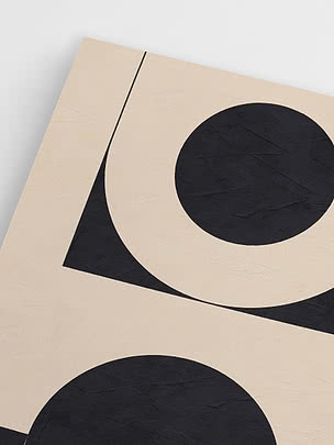 Abstracte poster met zwarte cirkels en gebogen vormen op beige achtergrond