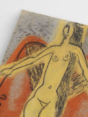 Close-up of art print showing a nude woman reclining on a red sofa in yellow and gray tones