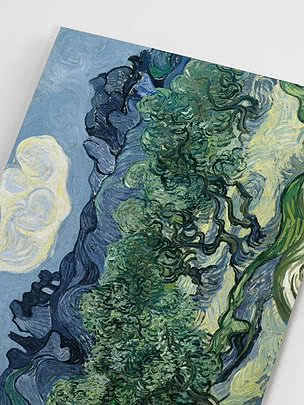 Close-up of art poster with twisting green tree and blue sky in painterly style