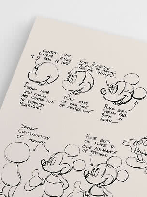 Schetspagina met handgetekende stappen om Mickey Mouse te tekenen, met handgeschreven notities