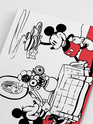 Schwarz-weiße Illustration von Micky Maus beim Servieren am Tisch mit roten Akzenten.