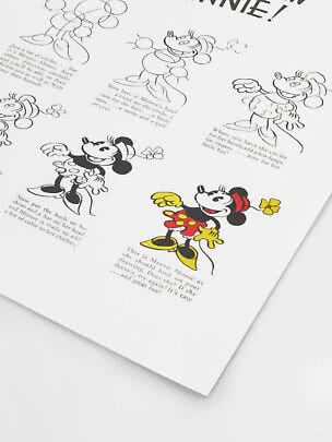 Poster con disegno passo passo di Minnie Mouse e figura finale in rosso, giallo e nero.