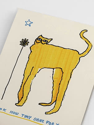Illustrazione di un gatto giallo con fiore e stella blu su sfondo chiaro