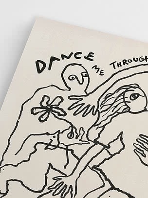 Dessin abstrait au trait noir sur fond beige avec figures, mains et texte « DANCE ME THROUGH »