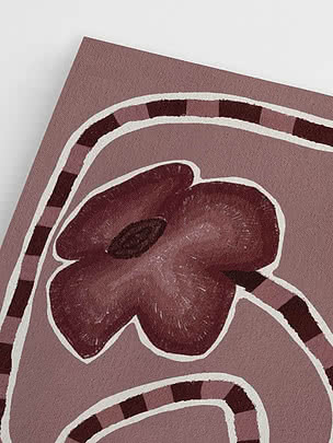 Motivo floreale astratto in tonalità rosso scuro con linee bianche curve su sfondo rosa
