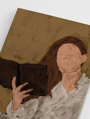 Pintura de una persona de pelo castaño con blusa blanca sosteniendo un libro oscuro