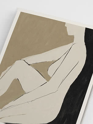 Abstract art print with beige and cream shapes and a black edge in a white frame
